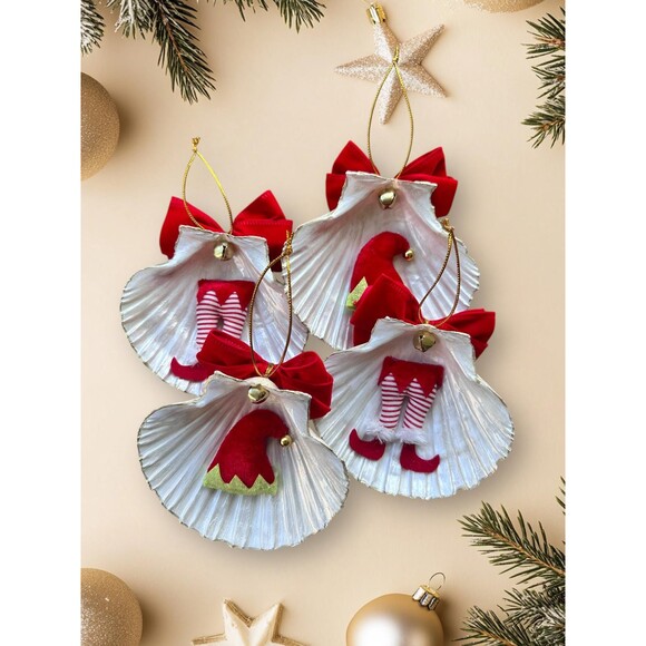 Seashell Christmas Ornaments, Set of 4, Coastal Elf Shell Decorations Scallop - Picture 1 of 4